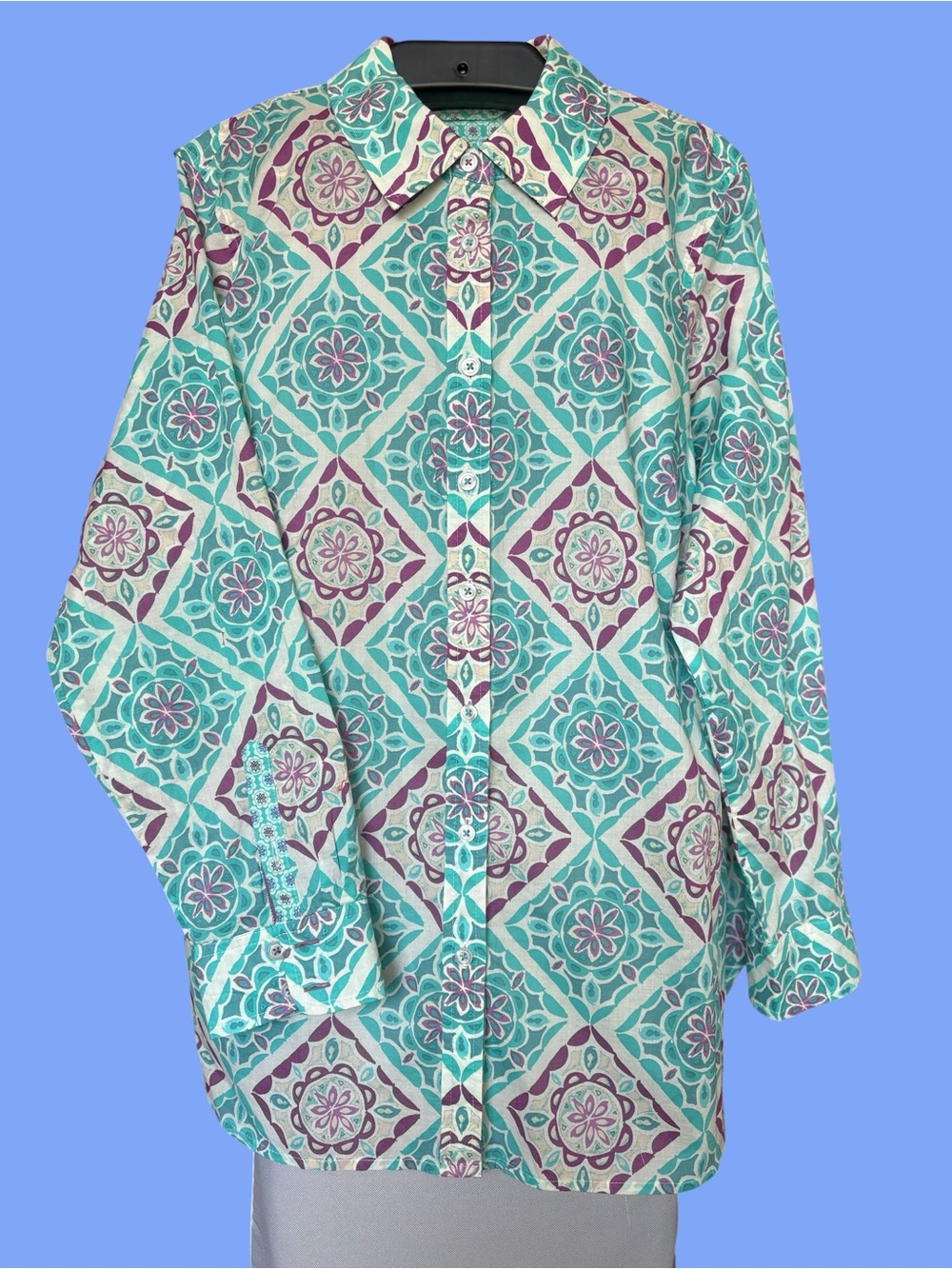 Talbots Aqua and Purple Geometric Button-Down Shirt